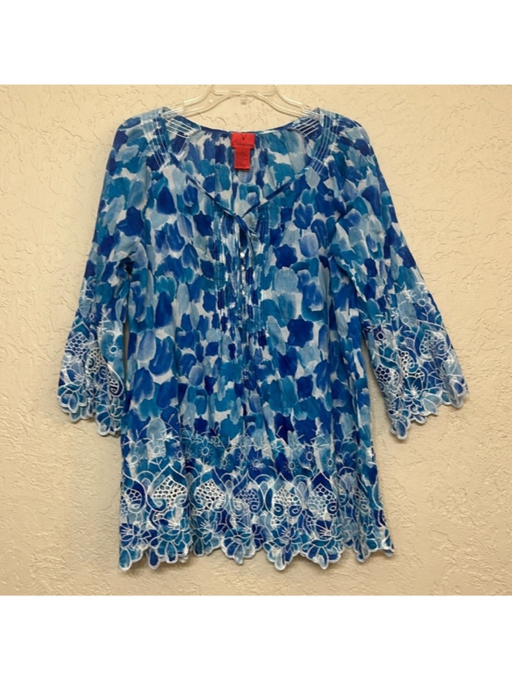 3/$10 Christina Blue Floral Lace-Trim Tunic Size Large